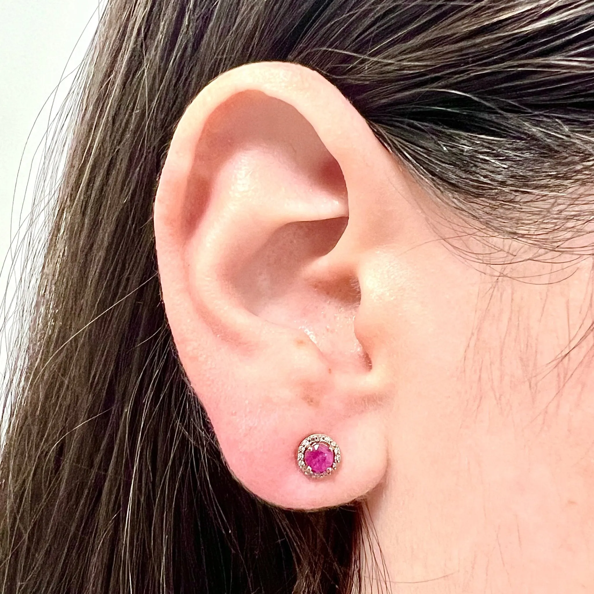 10 Karat Rose Gold Round Ruby & Diamond Halo Stud Earrings