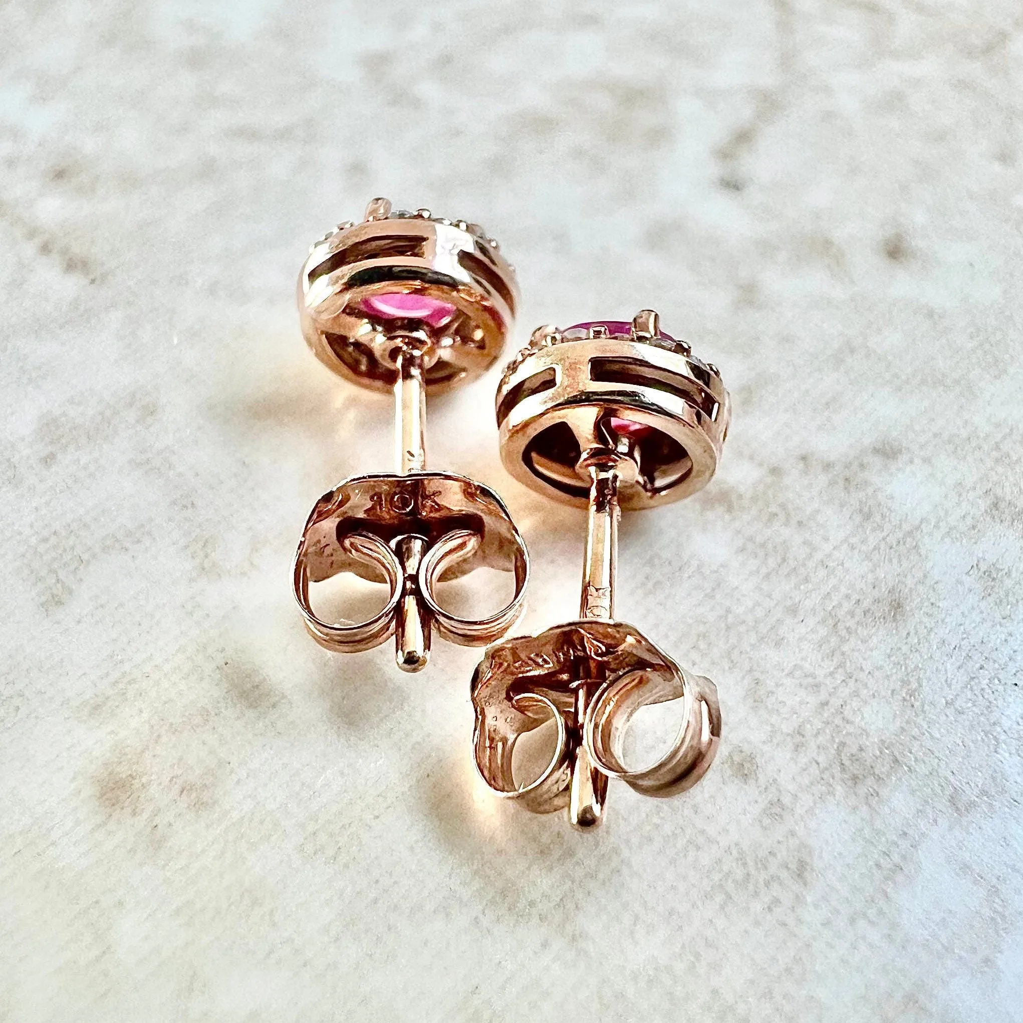 10 Karat Rose Gold Round Ruby & Diamond Halo Stud Earrings