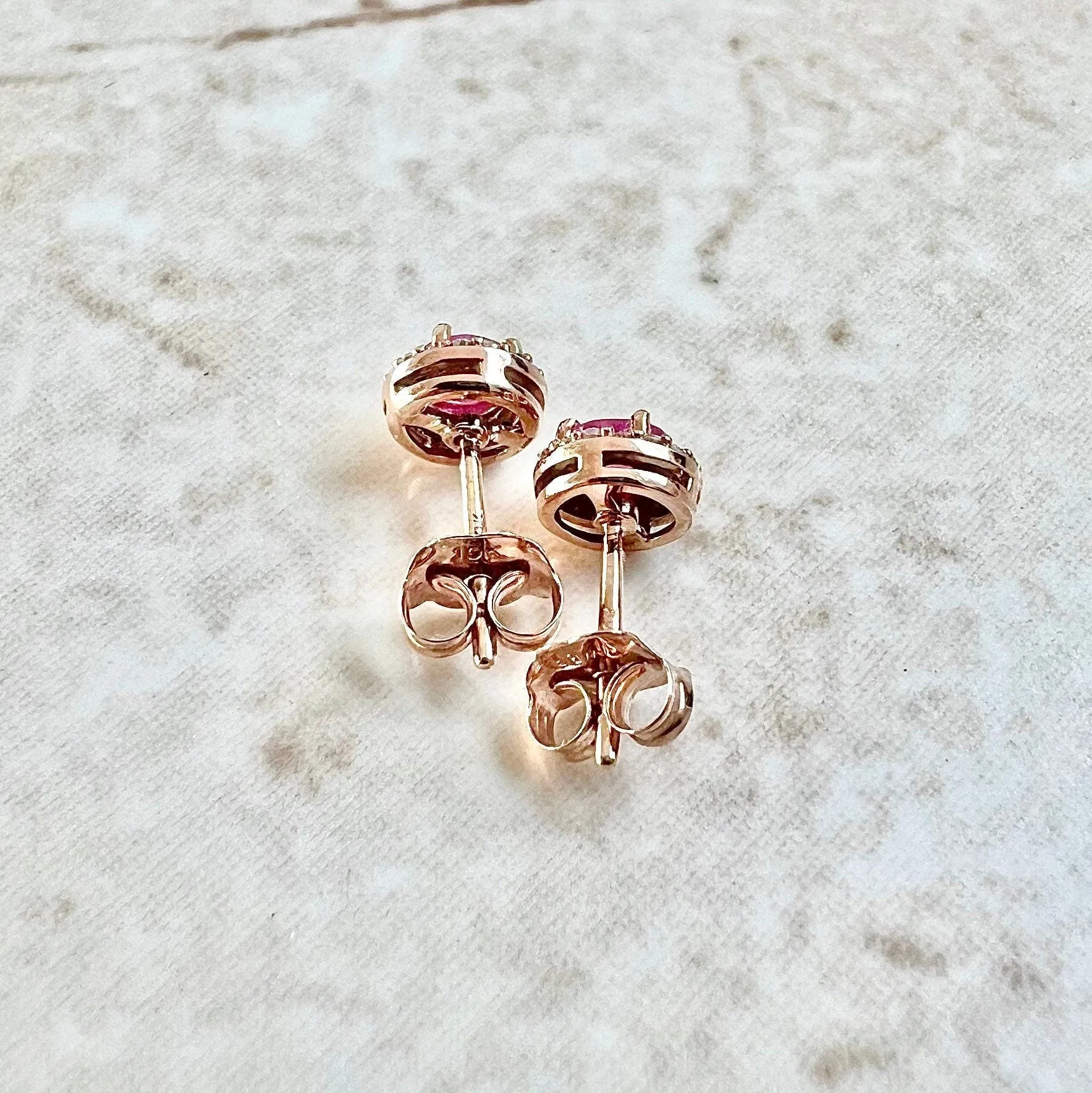 10 Karat Rose Gold Round Ruby & Diamond Halo Stud Earrings