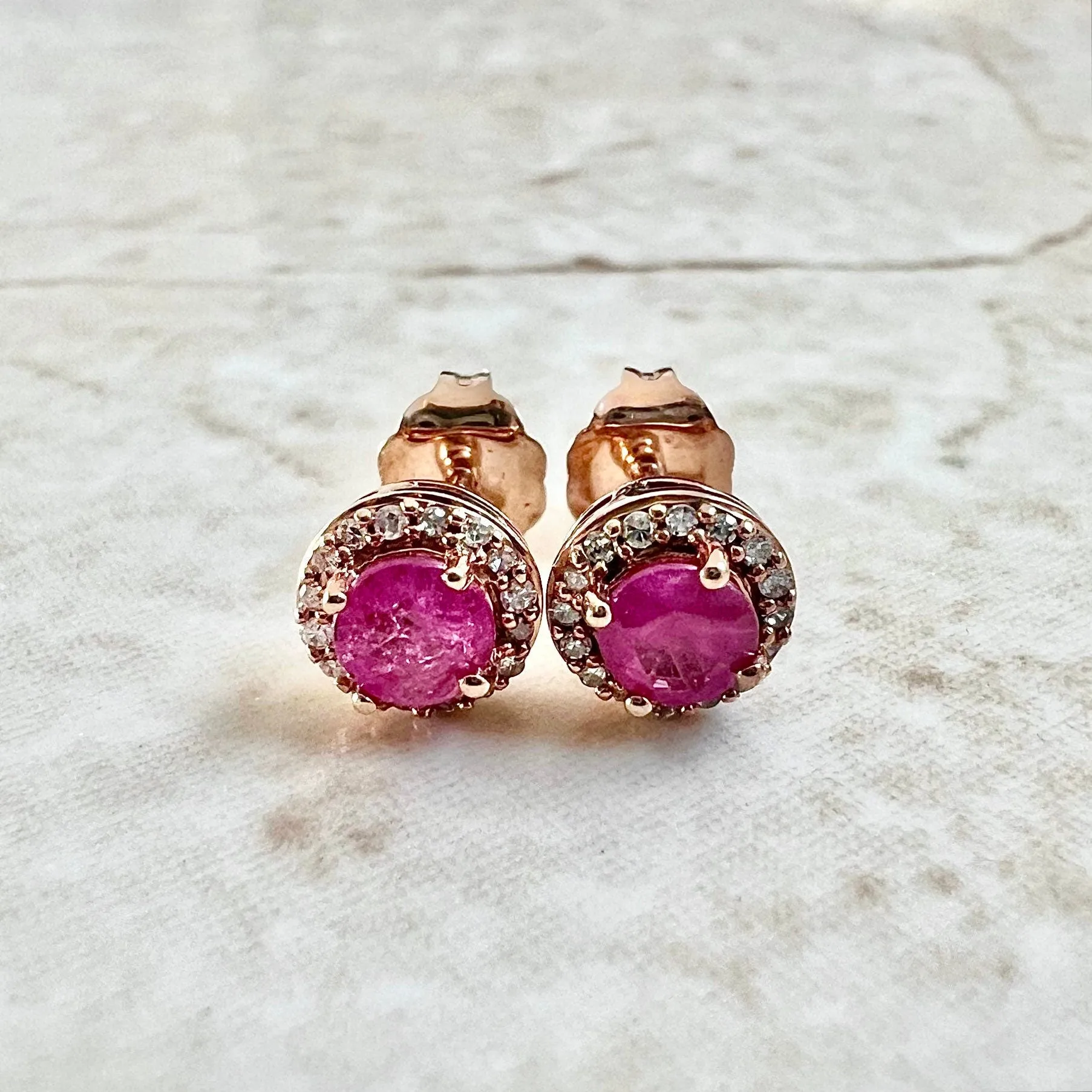 10 Karat Rose Gold Round Ruby & Diamond Halo Stud Earrings