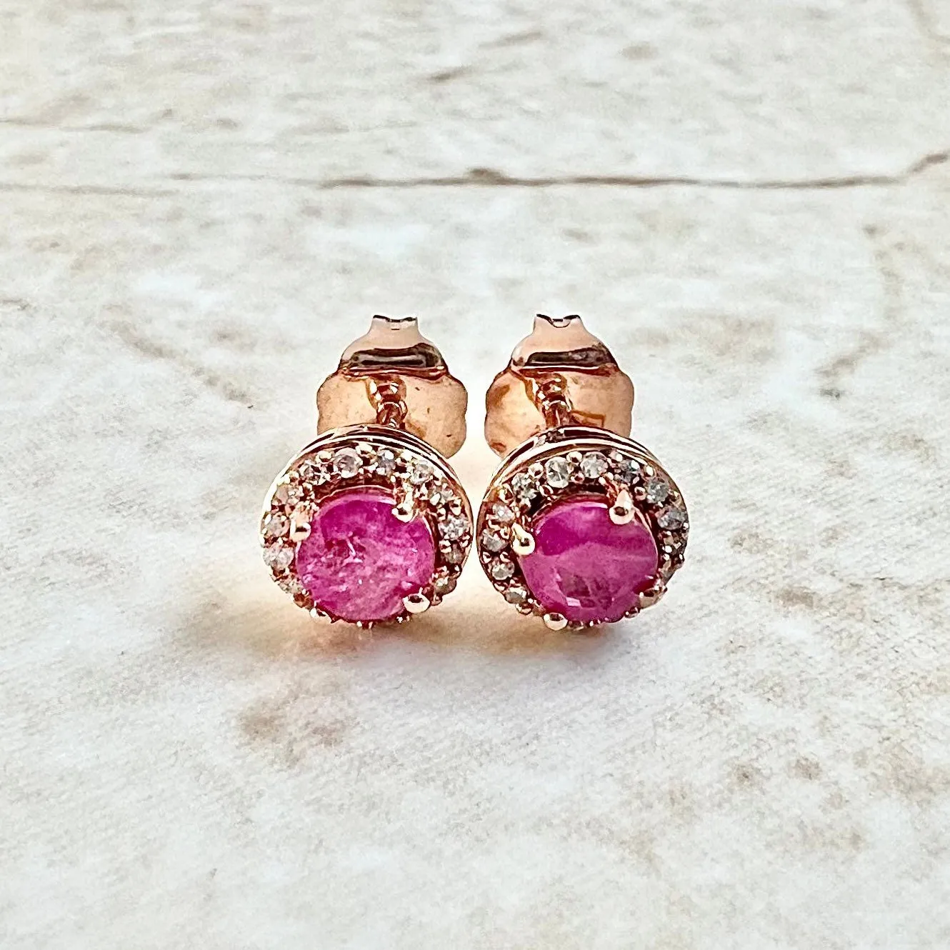 10 Karat Rose Gold Round Ruby & Diamond Halo Stud Earrings