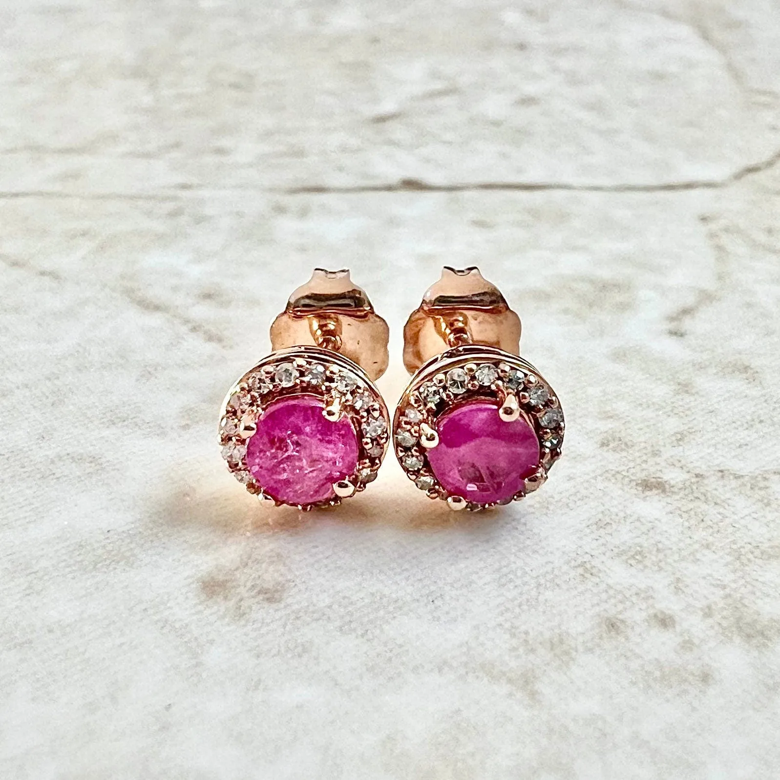 10 Karat Rose Gold Round Ruby & Diamond Halo Stud Earrings