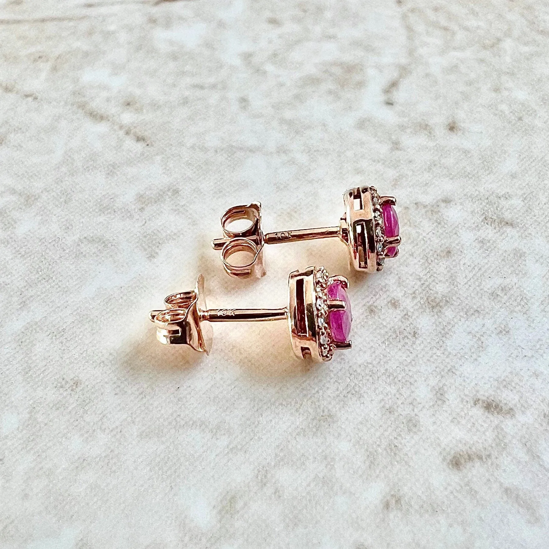 10 Karat Rose Gold Round Ruby & Diamond Halo Stud Earrings