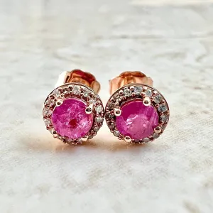10 Karat Rose Gold Round Ruby & Diamond Halo Stud Earrings