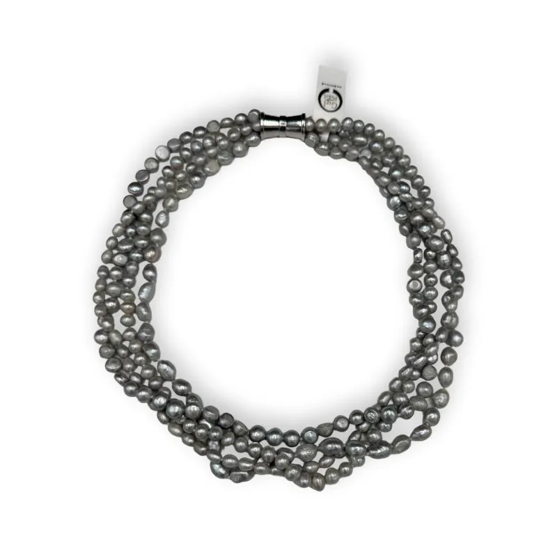104-07| GRAY 4-STRAND BAROQUE MIX PEARL NECKLACE