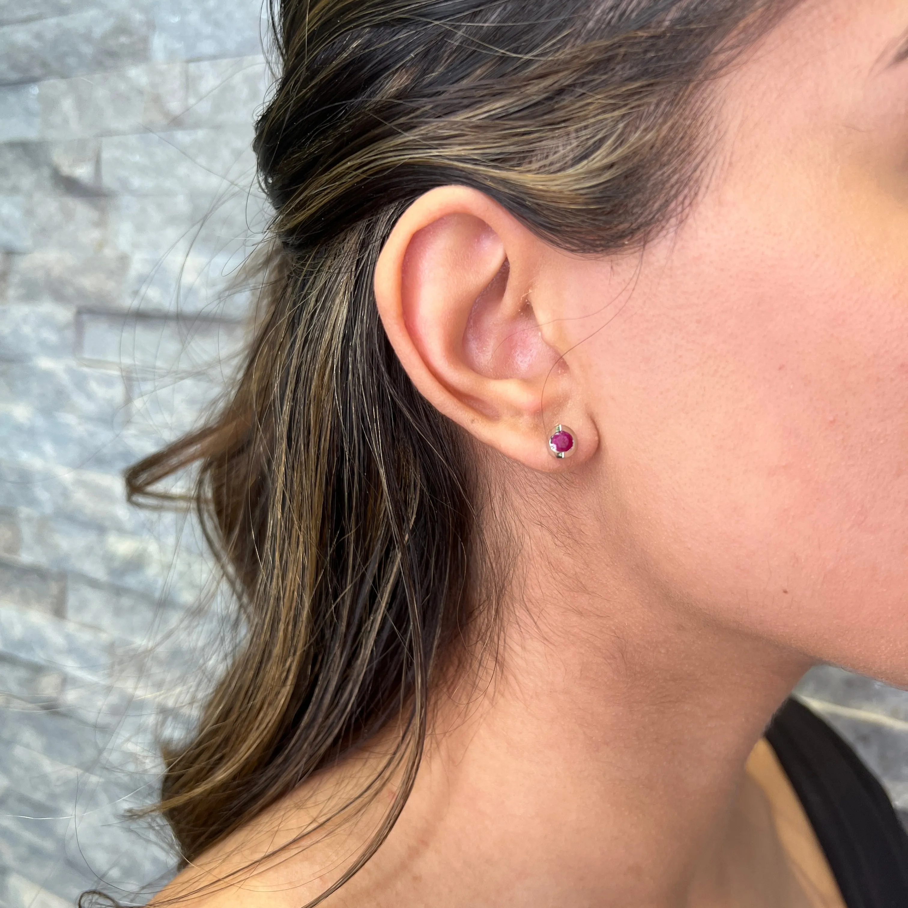 10K White Gold Half Moon Set Ruby Stud Solitaire Earrings