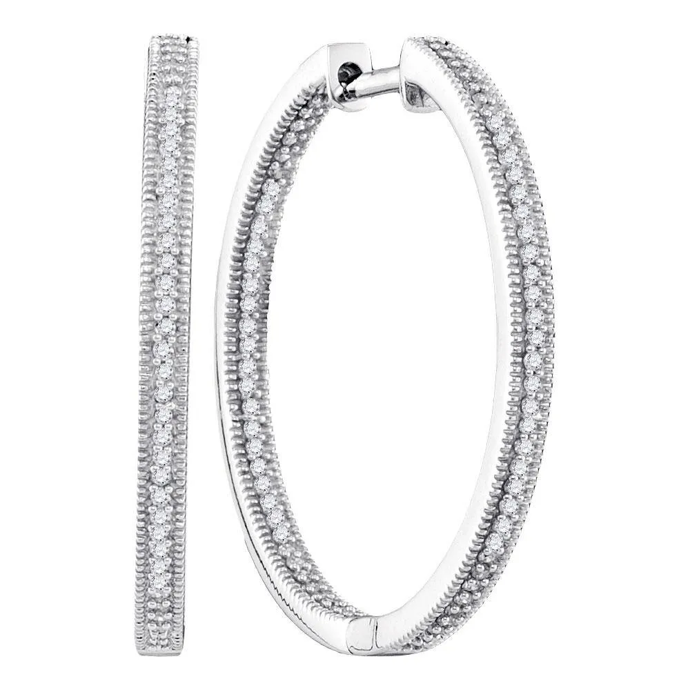 10K White Gold Round Diamond Inside Outside Hoop Earrings 1/2 Cttw
