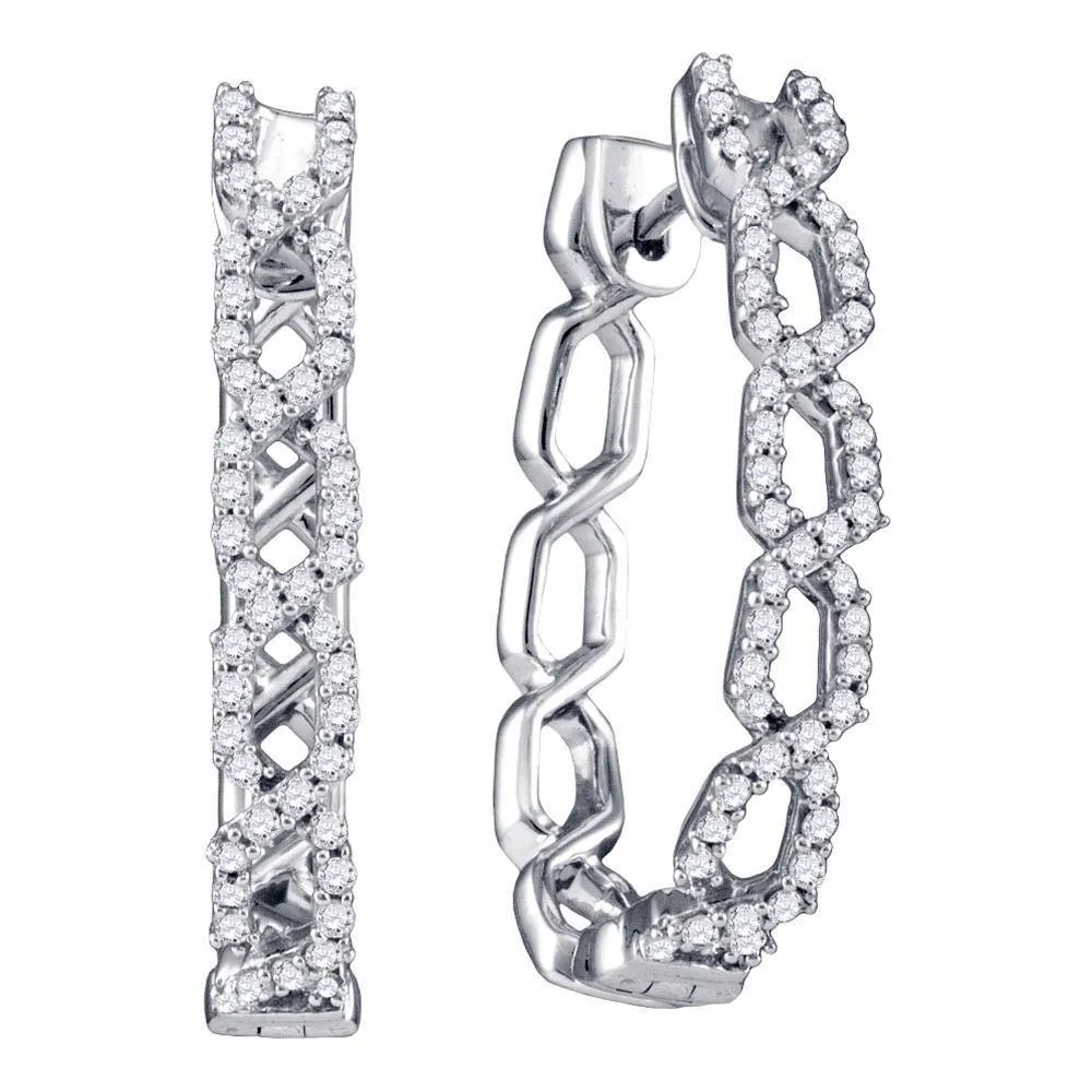10k White Gold Round Diamond Woven Hoop Earrings 1/2 Cttw