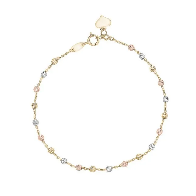 10K Yellow, White and Rose Gold Beaded Diamond Cut Bracelet