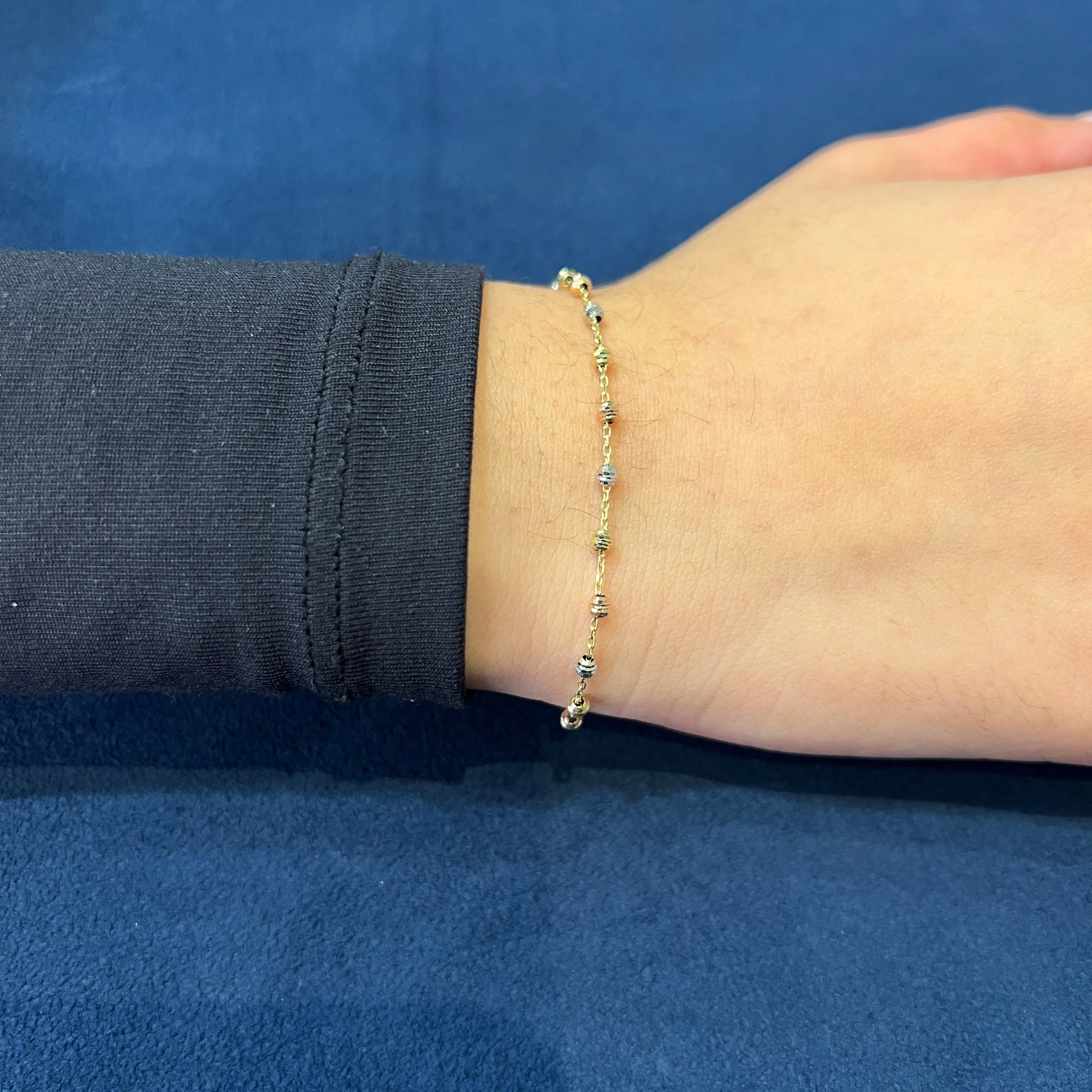 10K Yellow, White and Rose Gold Beaded Diamond Cut Bracelet