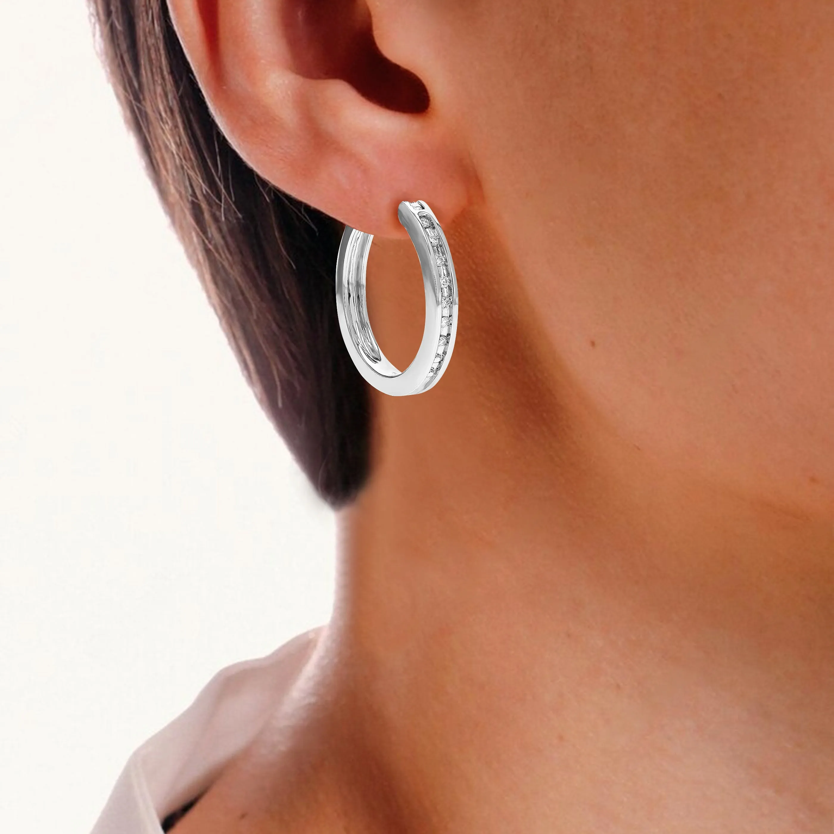 1/10 cttw Lab Grown Diamond Channel Hoop Earrings in Sterling Silver