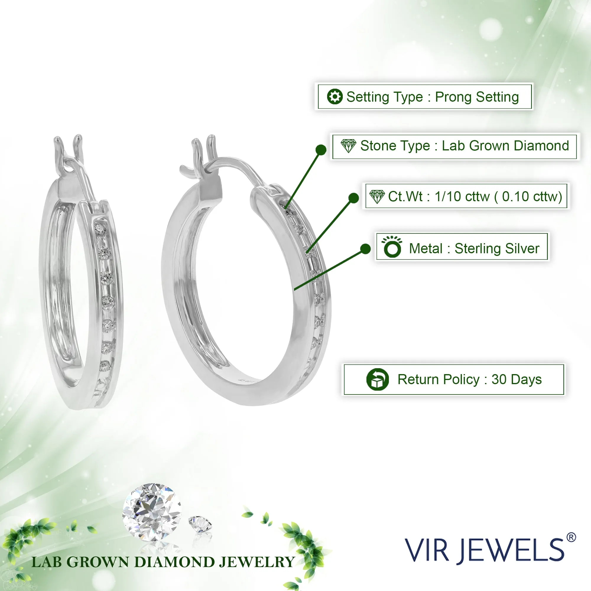 1/10 cttw Lab Grown Diamond Channel Hoop Earrings in Sterling Silver