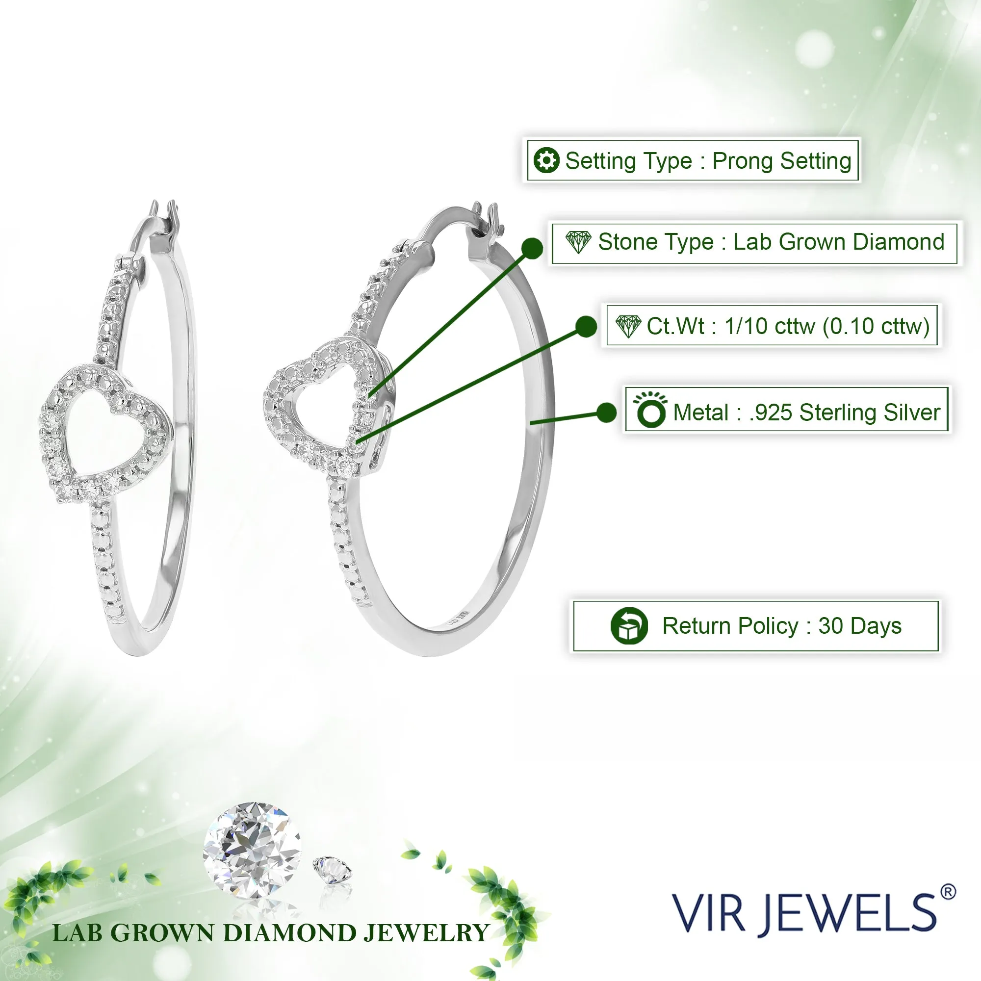 1/10 cttw Lab Grown Diamond Heart Hoop Earrings in Sterling Silver