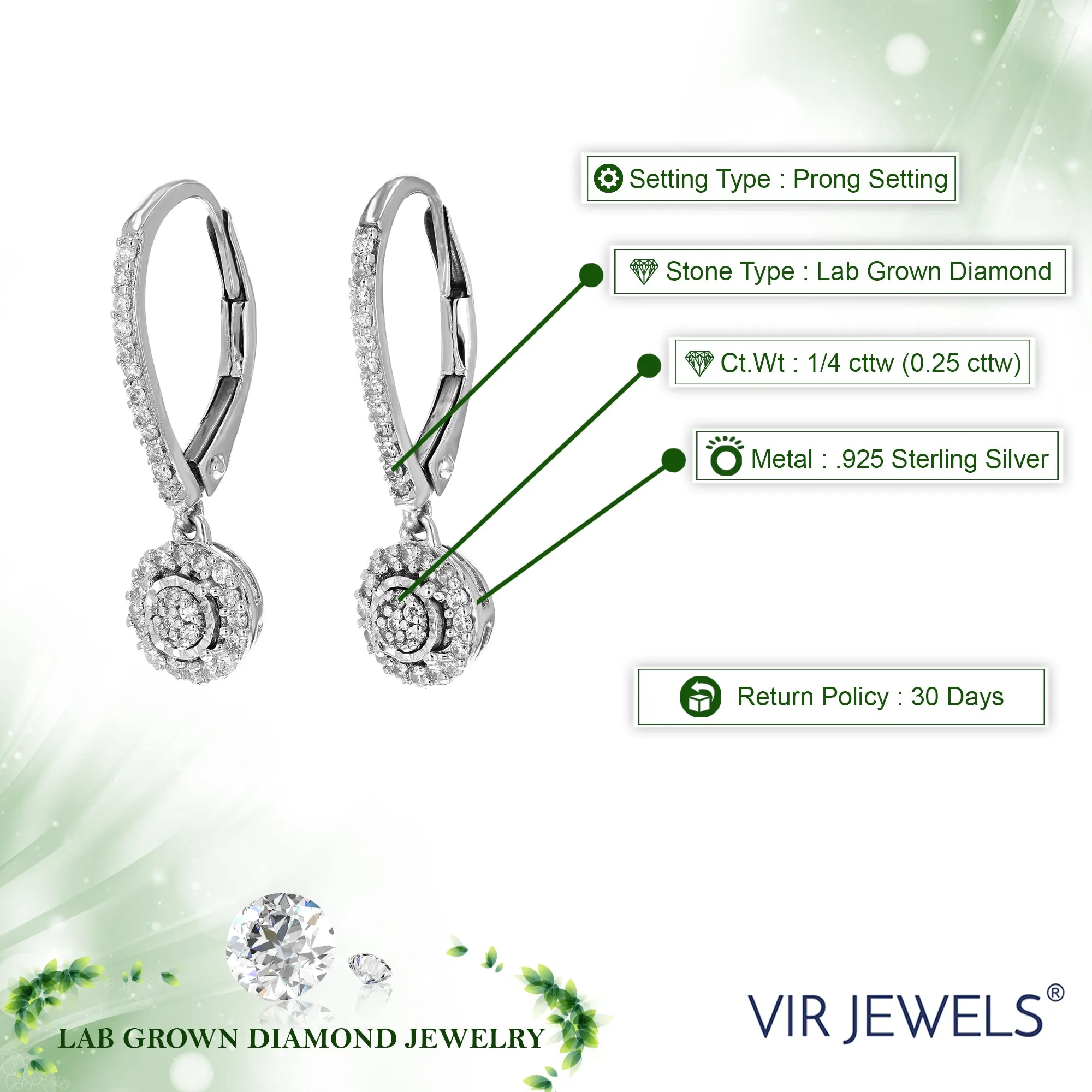 1/4 cttw Lab Grown Diamond Dangle Drop Earrings Sterling Silver