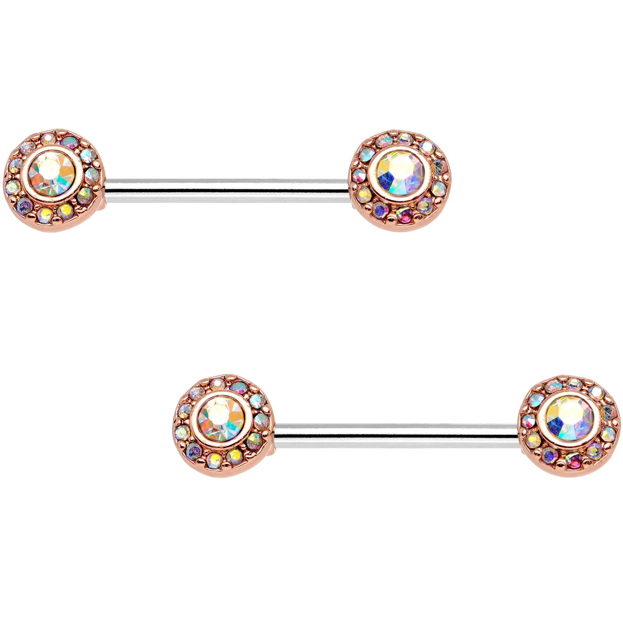 14 Gauge Aurora Gem Rose Gold Tone Cluster Barbell Nipple Ring Set