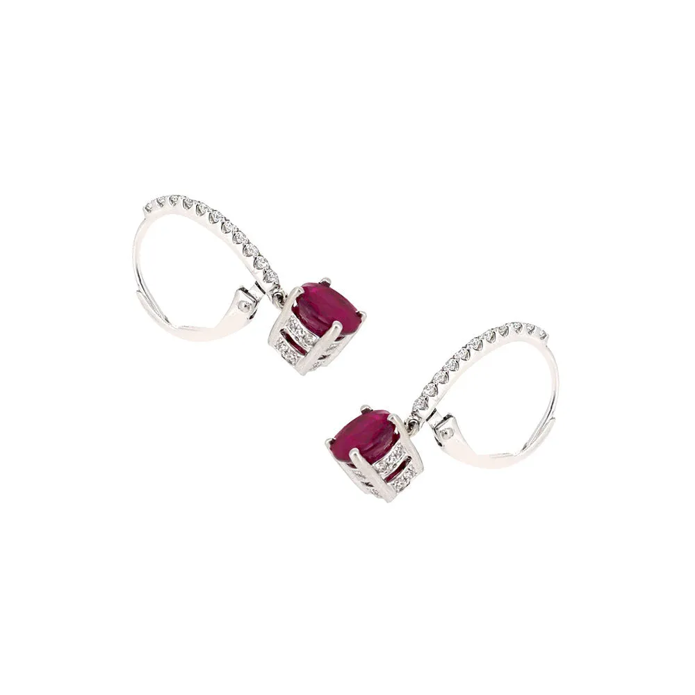 14 Karat White Gold Drop Earrings with Rubies and Diamonds