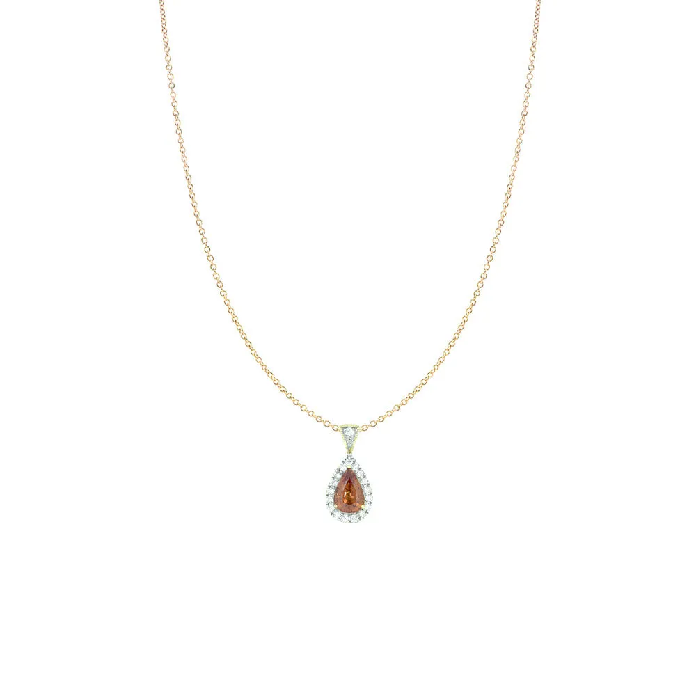 14 Karat Yellow Gold pendant with Orange Red Sapphire Pear Shape and diamond halo