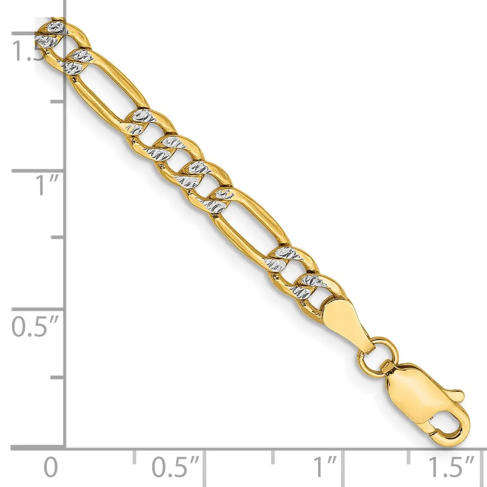 14K 8 inch 3.9mm Semi-Solid with Rhodium Pav� Figaro with Lobster Clasp Bracelet