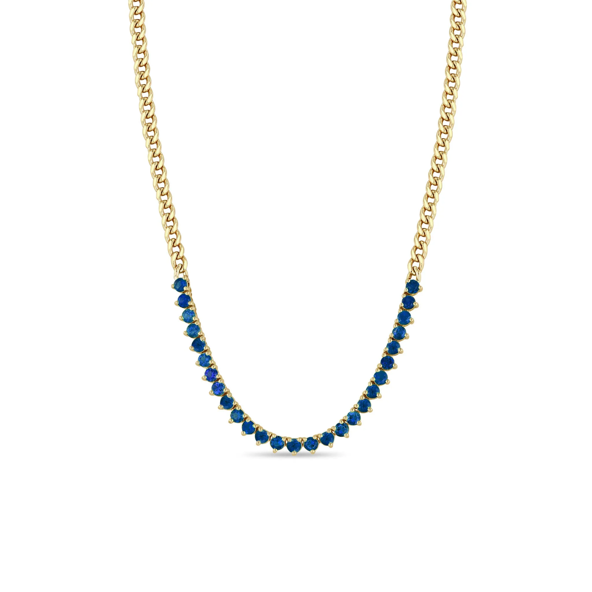 14k Blue Sapphire Tennis Segment Small Curb Chain Necklace
