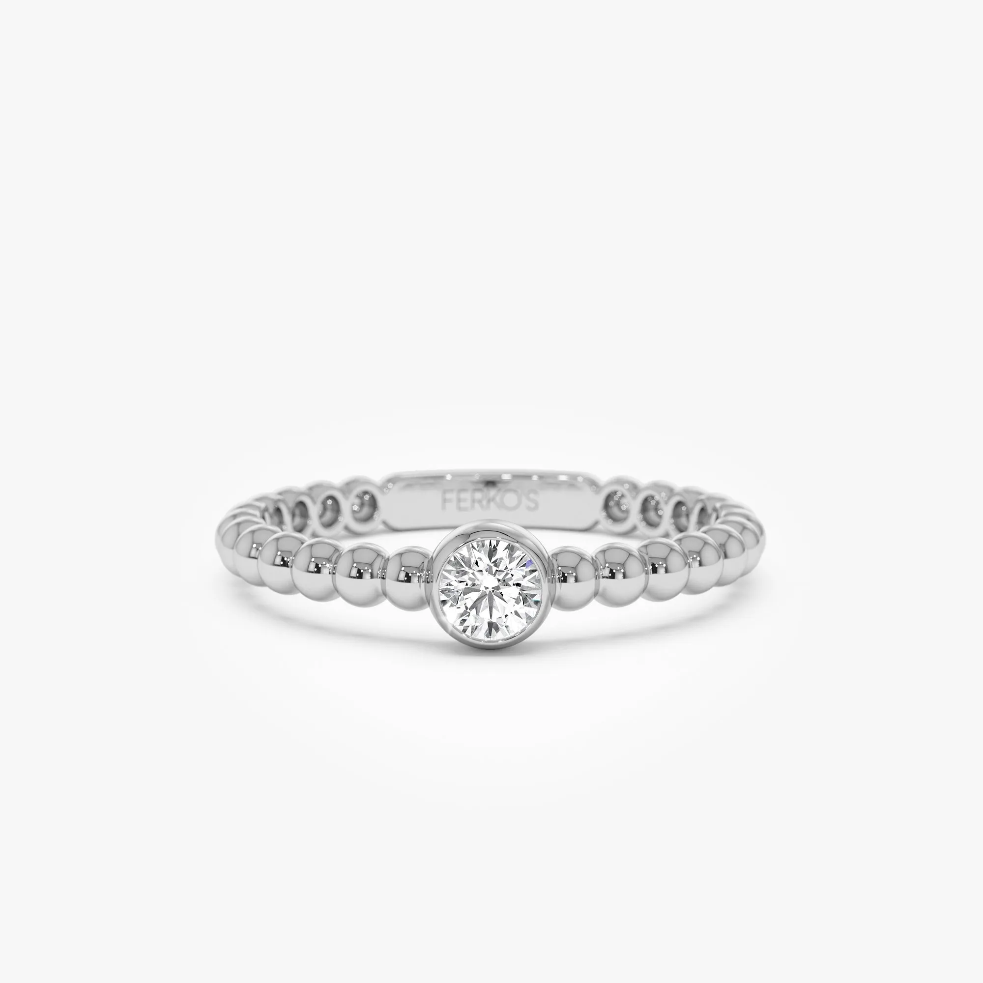 14K Gold Beaded Solitaire Diamond Bezel Ring