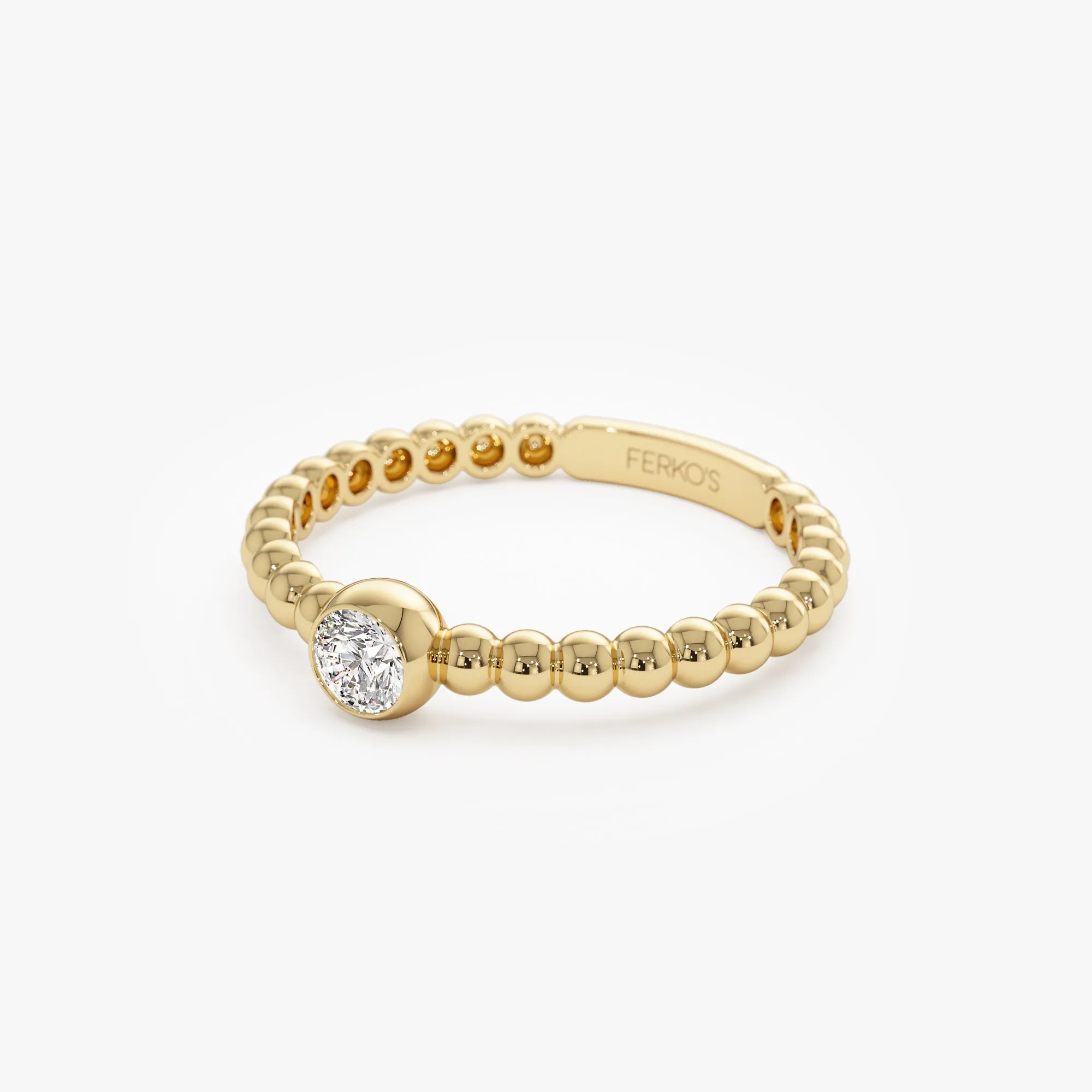 14K Gold Beaded Solitaire Diamond Bezel Ring