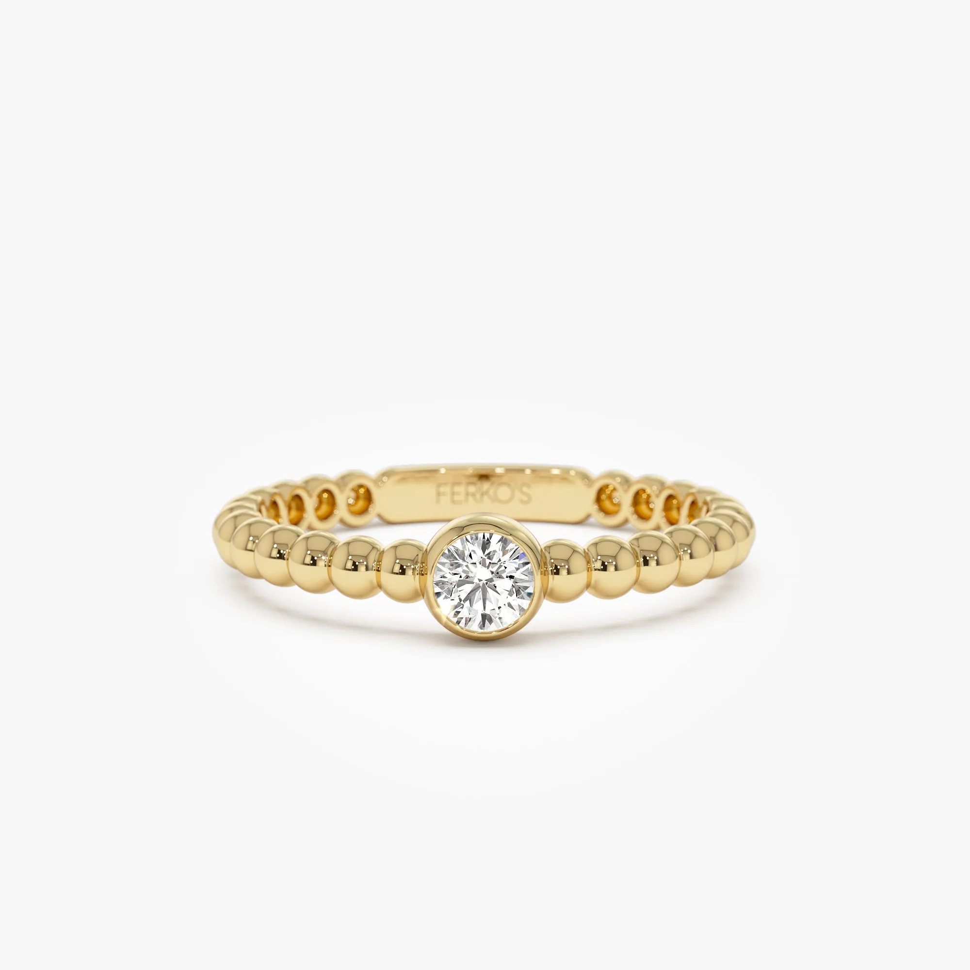 14K Gold Beaded Solitaire Diamond Bezel Ring