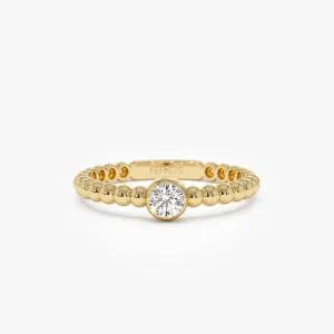 14K Gold Beaded Solitaire Diamond Bezel Ring