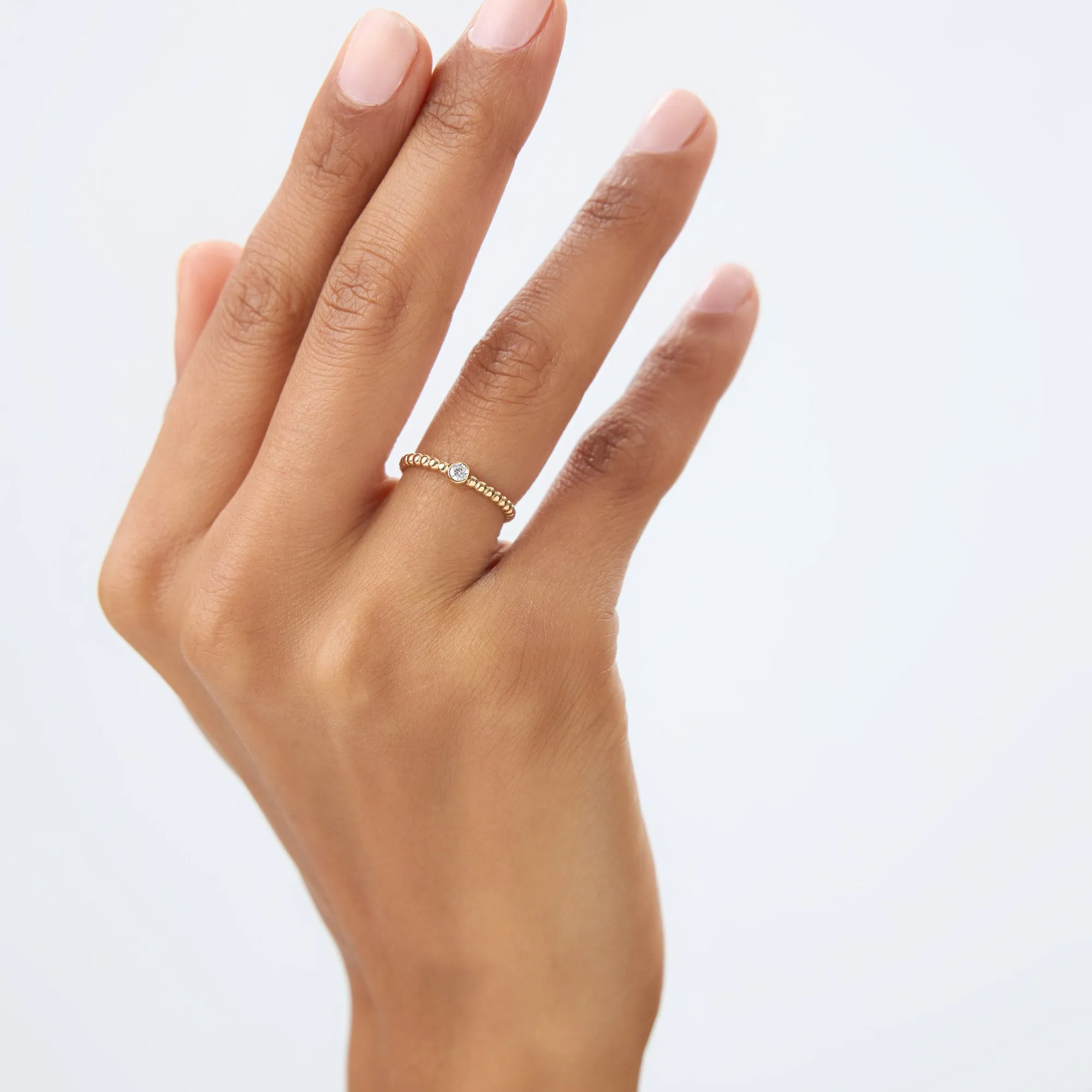 14K Gold Beaded Solitaire Diamond Bezel Ring