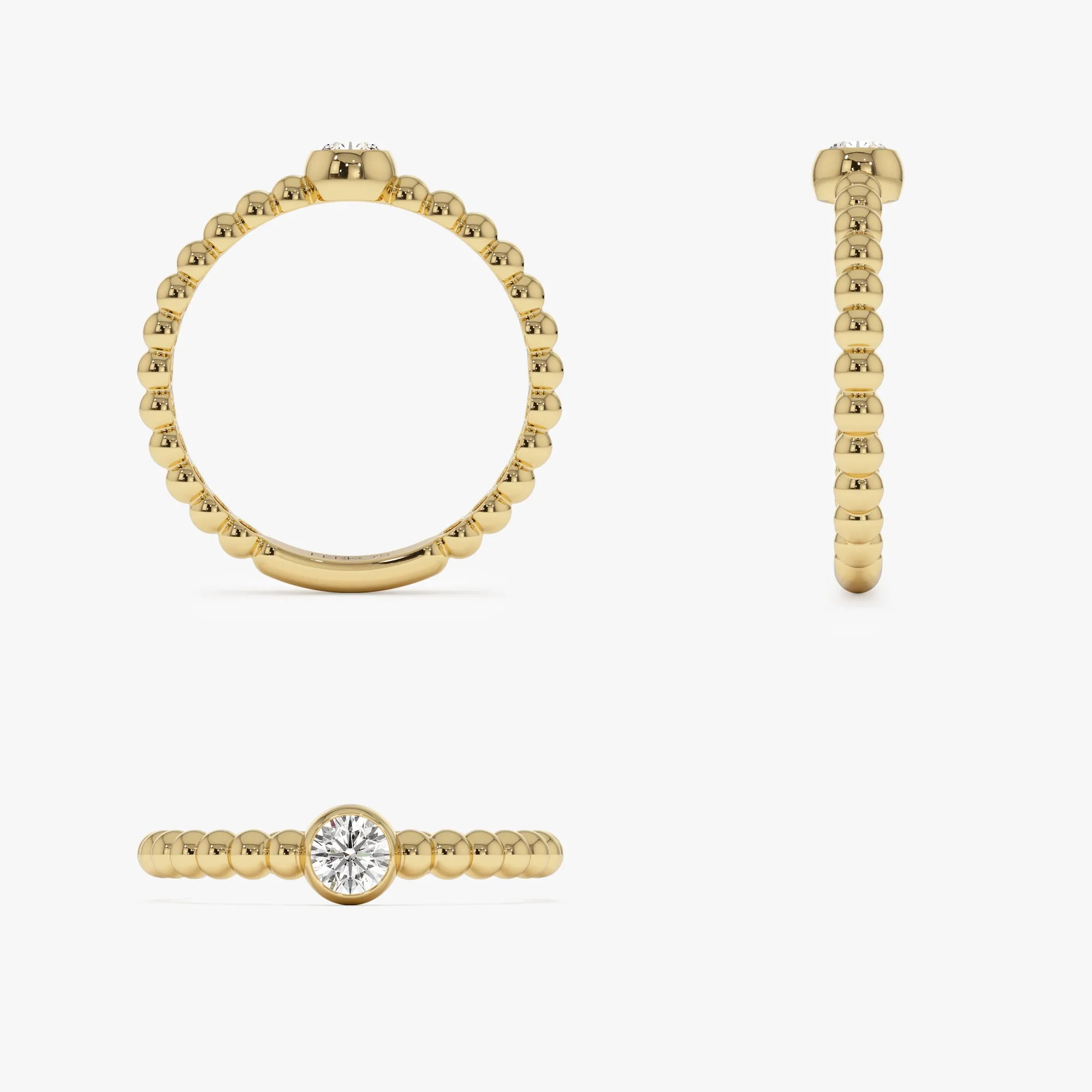 14K Gold Beaded Solitaire Diamond Bezel Ring