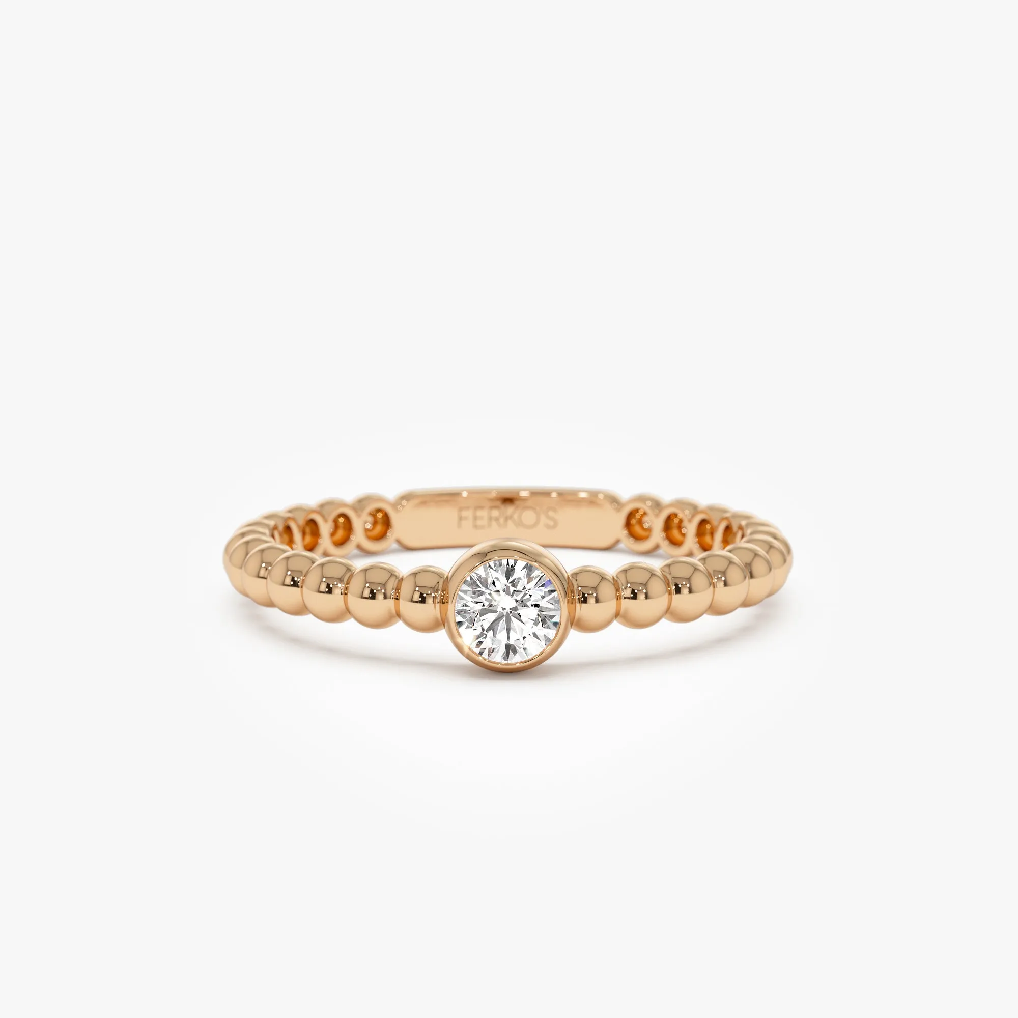 14K Gold Beaded Solitaire Diamond Bezel Ring