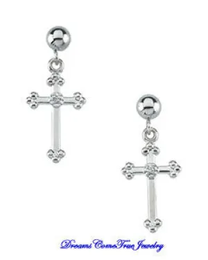 14K Gold Diamond Cross and Ball Earrings