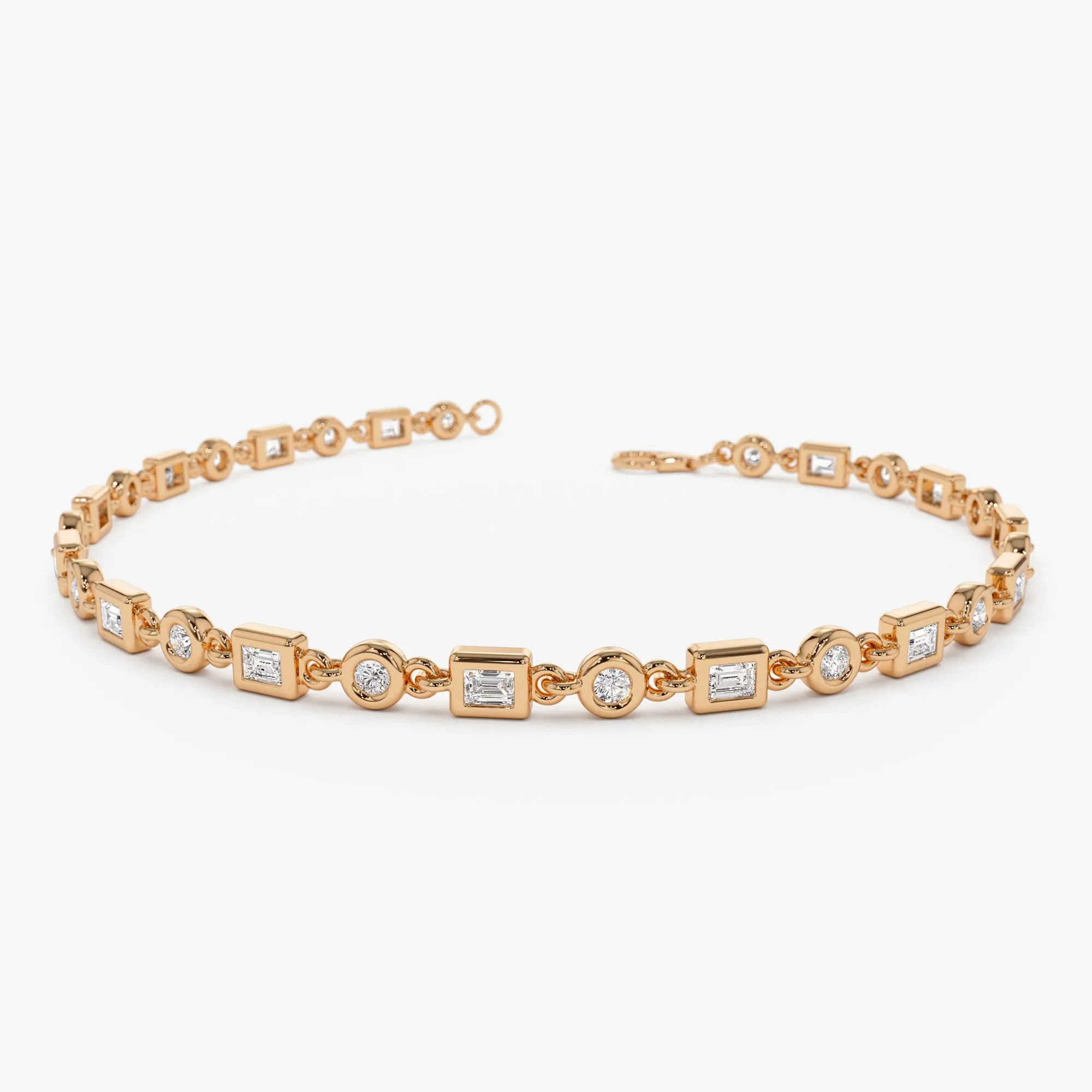14K Gold Round and Baguette Diamond Bracelet