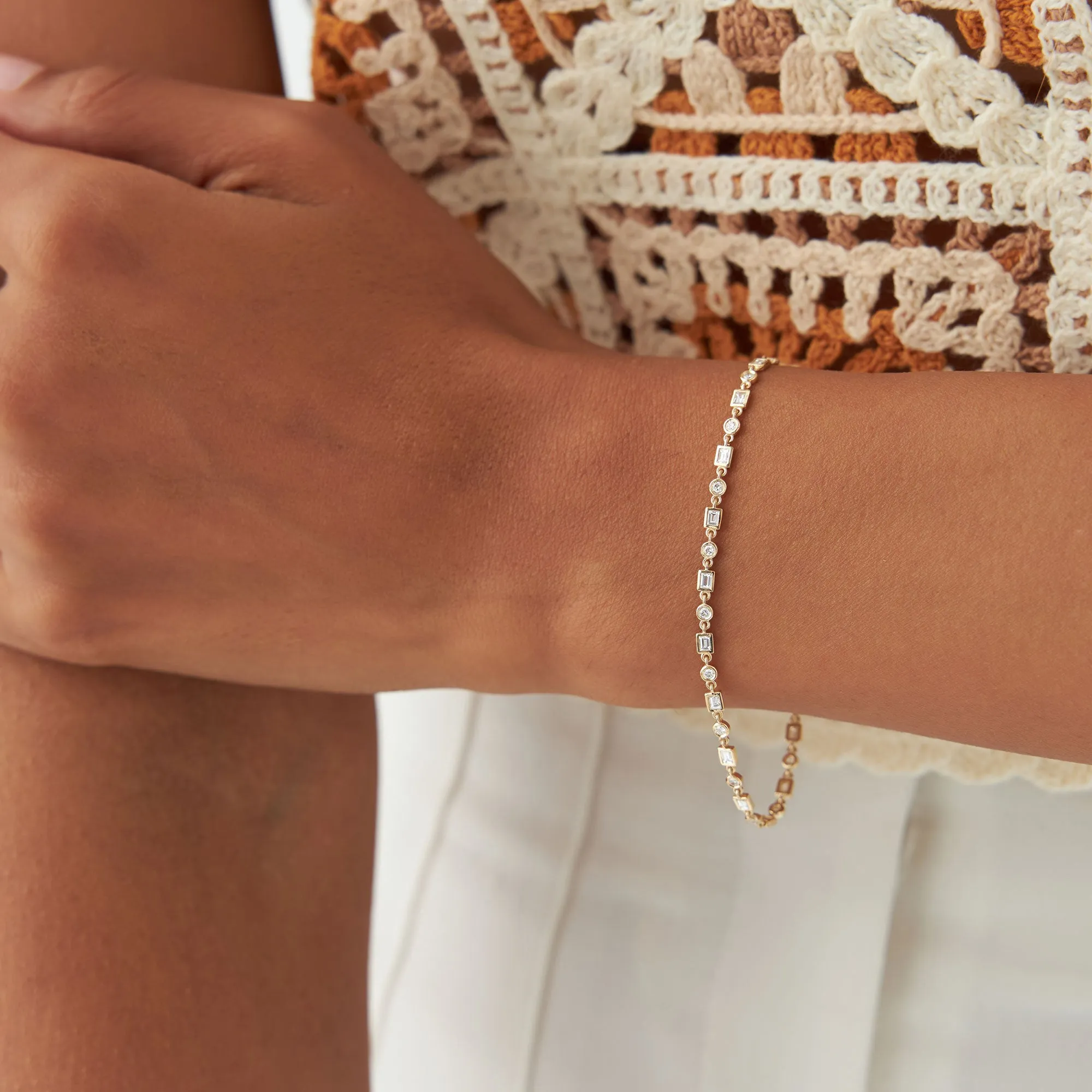 14K Gold Round and Baguette Diamond Bracelet