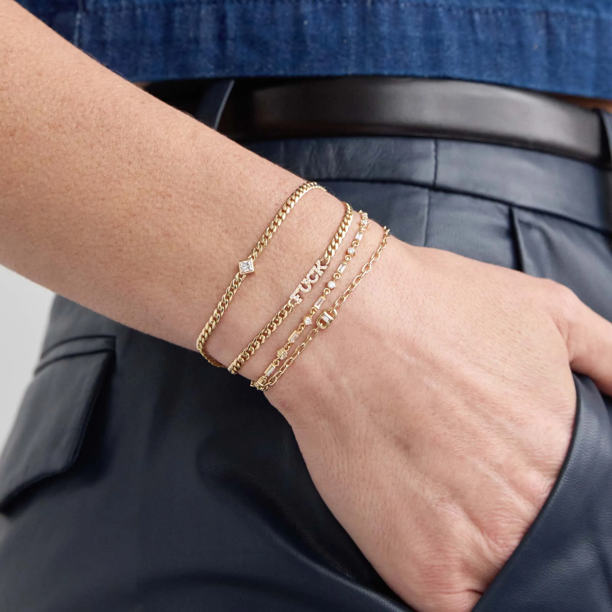 14k Itty Bitty Pavé Diamond FUCK Small Curb Chain Bracelet