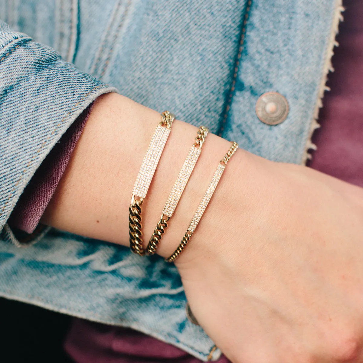 14k Pavé Diamond ID Bar Small Curb Chain Bracelet