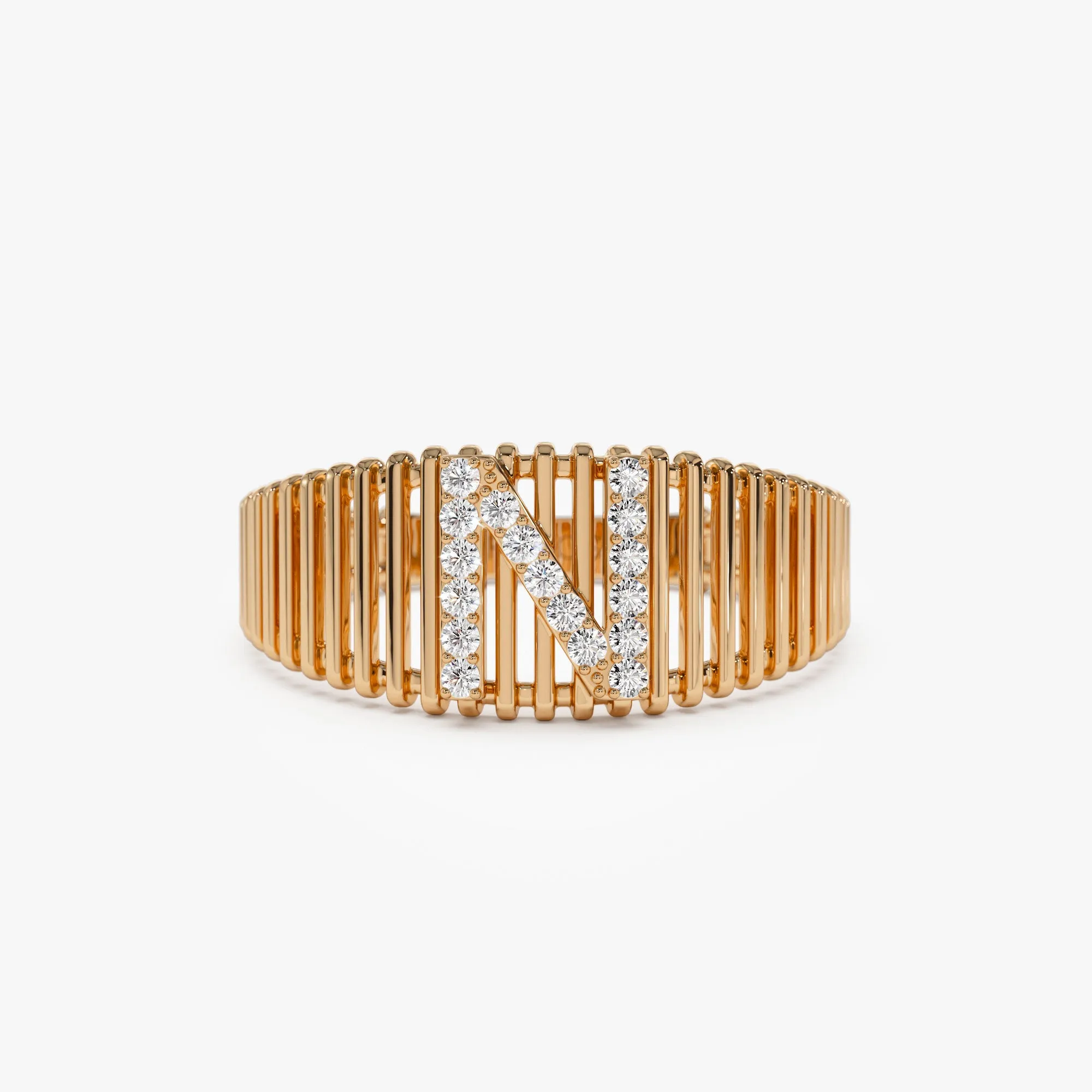 14k Ribed Cage Diamond Initial Ring