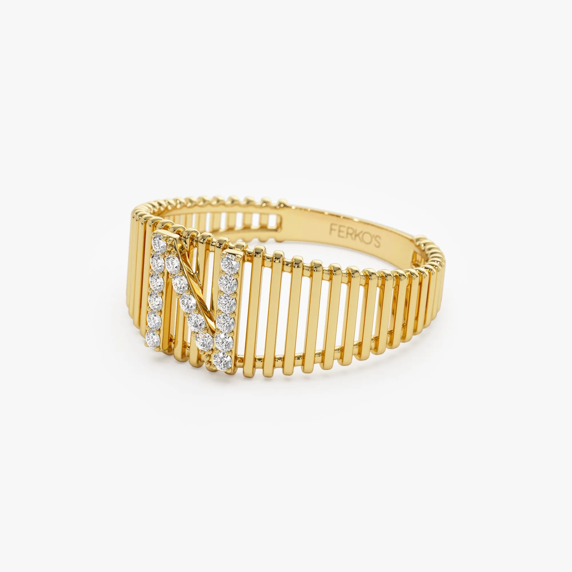 14k Ribed Cage Diamond Initial Ring