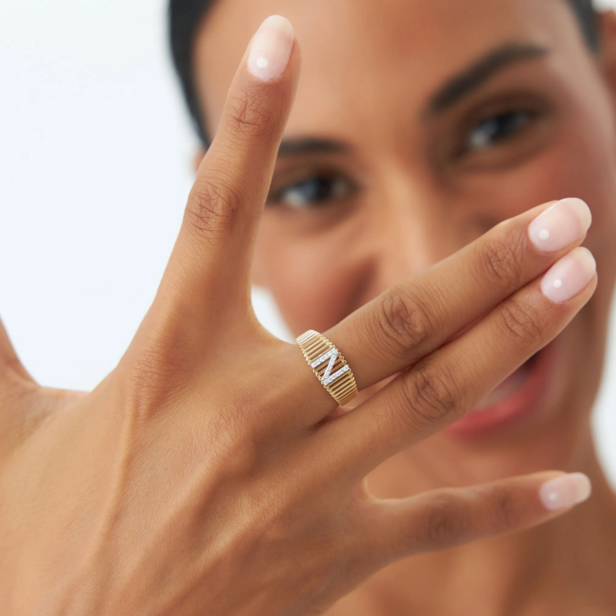 14k Ribed Cage Diamond Initial Ring