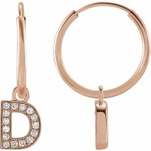 14K Rose .05 CTW Natural Diamond Single Initial D Hoop Earring