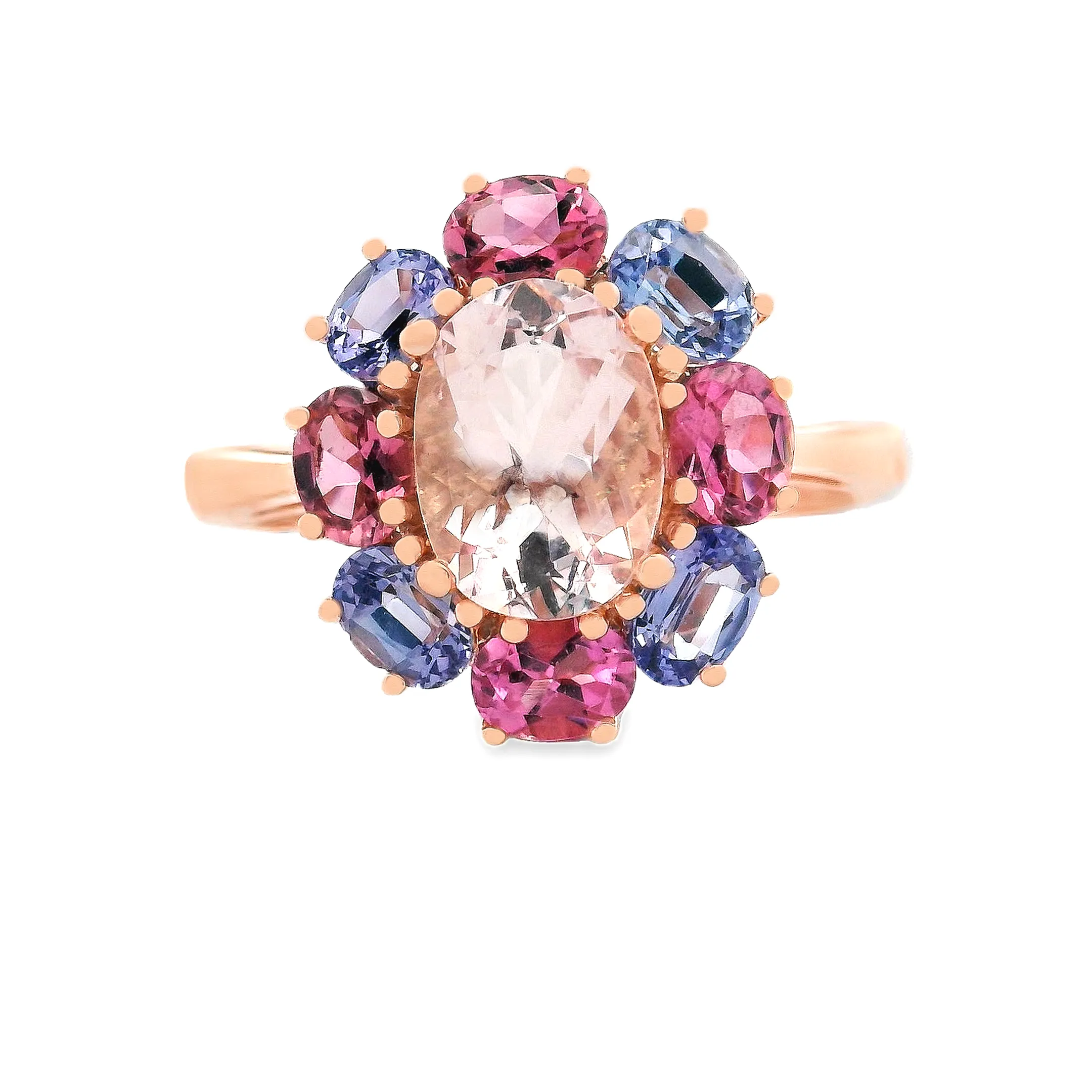 14k Rose Gold Morganite, Tourmaline and Tanzanite Ring