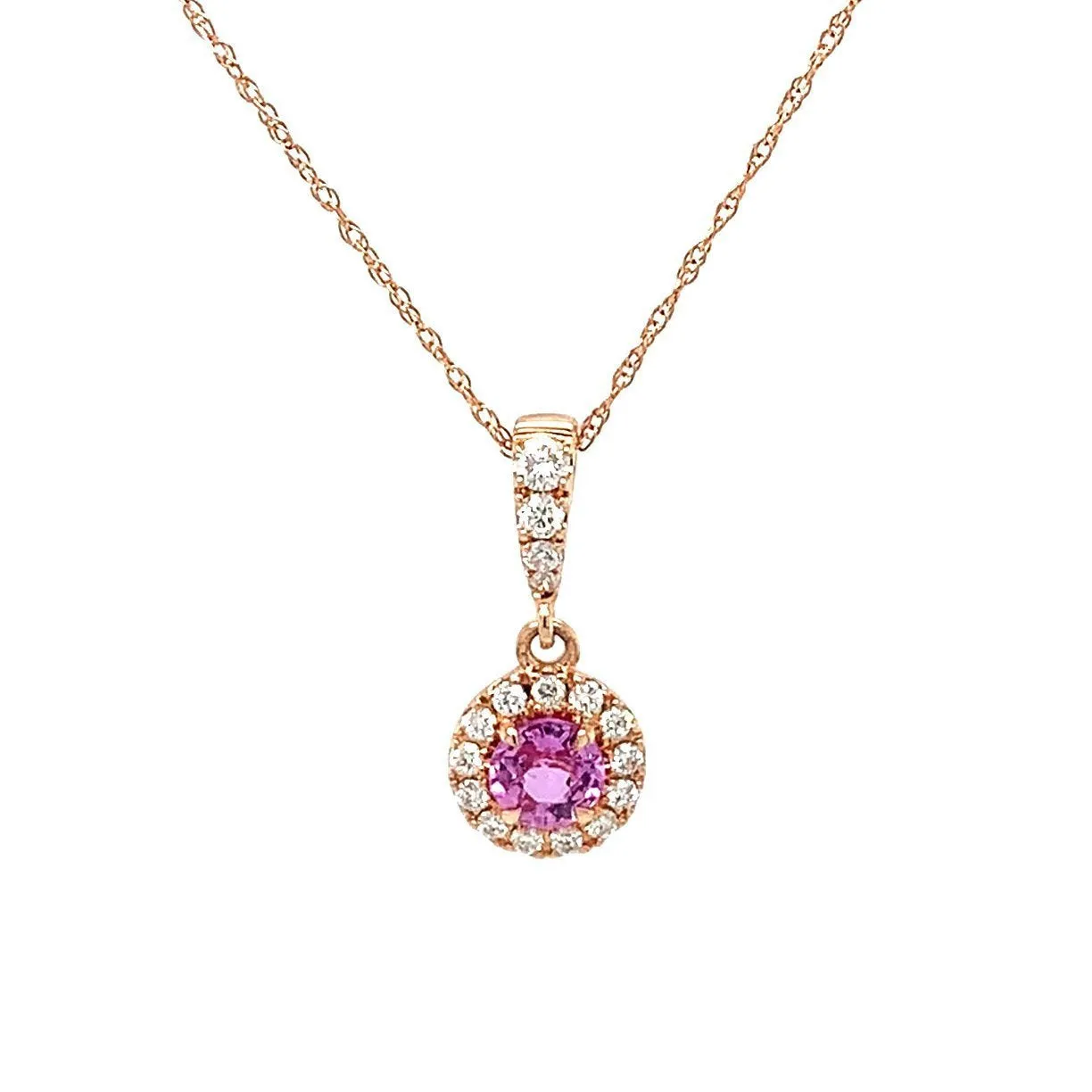 14K Rose Gold Round Pink Sapphire And Diamond Halo Necklace (.73ctw)