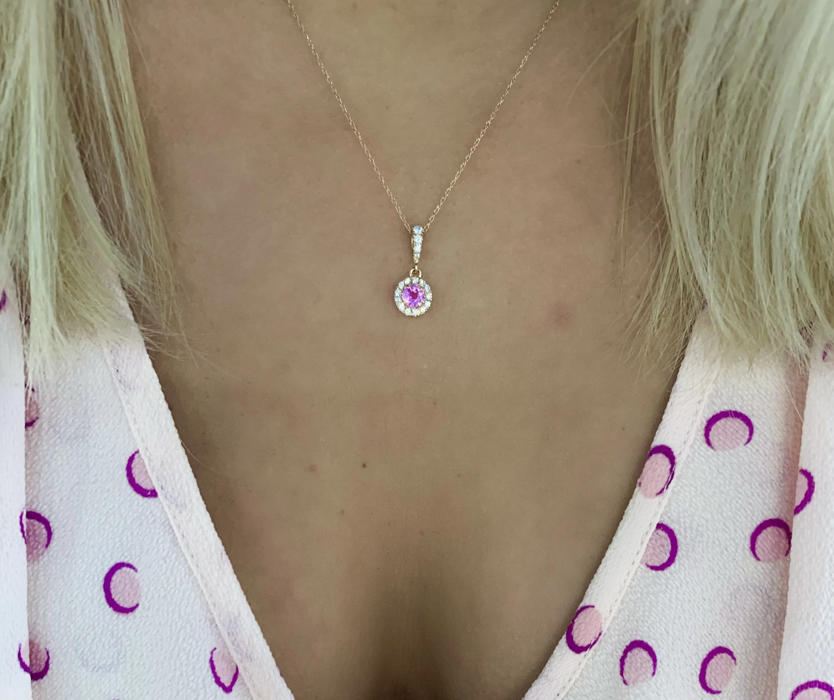 14K Rose Gold Round Pink Sapphire And Diamond Halo Necklace (.73ctw)