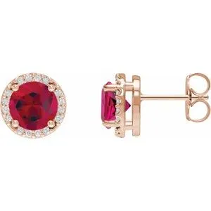 14K Rose Lab-Grown Ruby & 1/10 CTW Natural Diamond Halo-Style Earrings