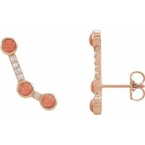 14K Rose Pink Coral & .01 CTW Diamond Scattered Cabochon Ear Climbers