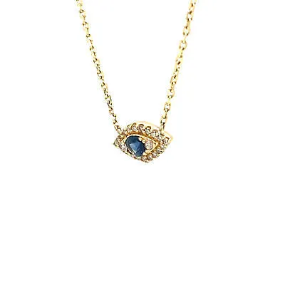14K Sapphire Diamond Hamsa Eye Necklace Yellow Gold
