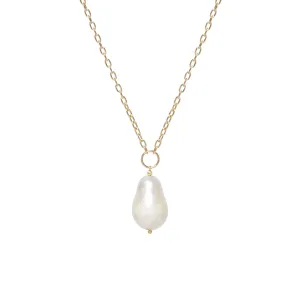 14k Small Square Oval Link Baroque Pearl Long Necklace