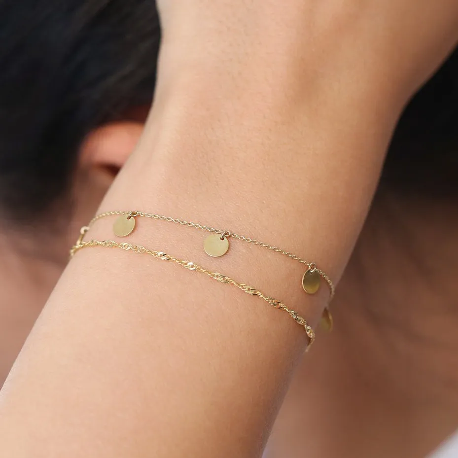 14K Solid Gold Dangle Disc Bracelet