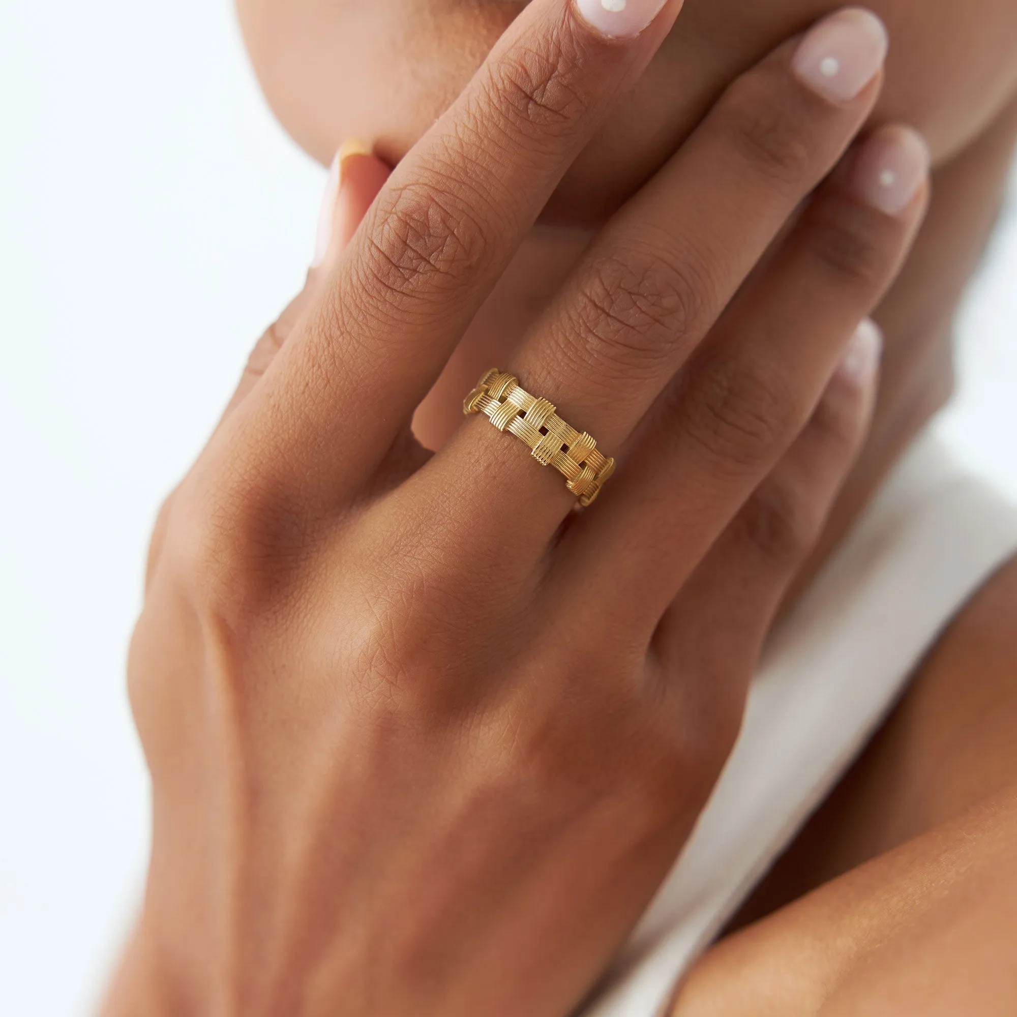 14K Stackable Ribbed Woven Gold Ring