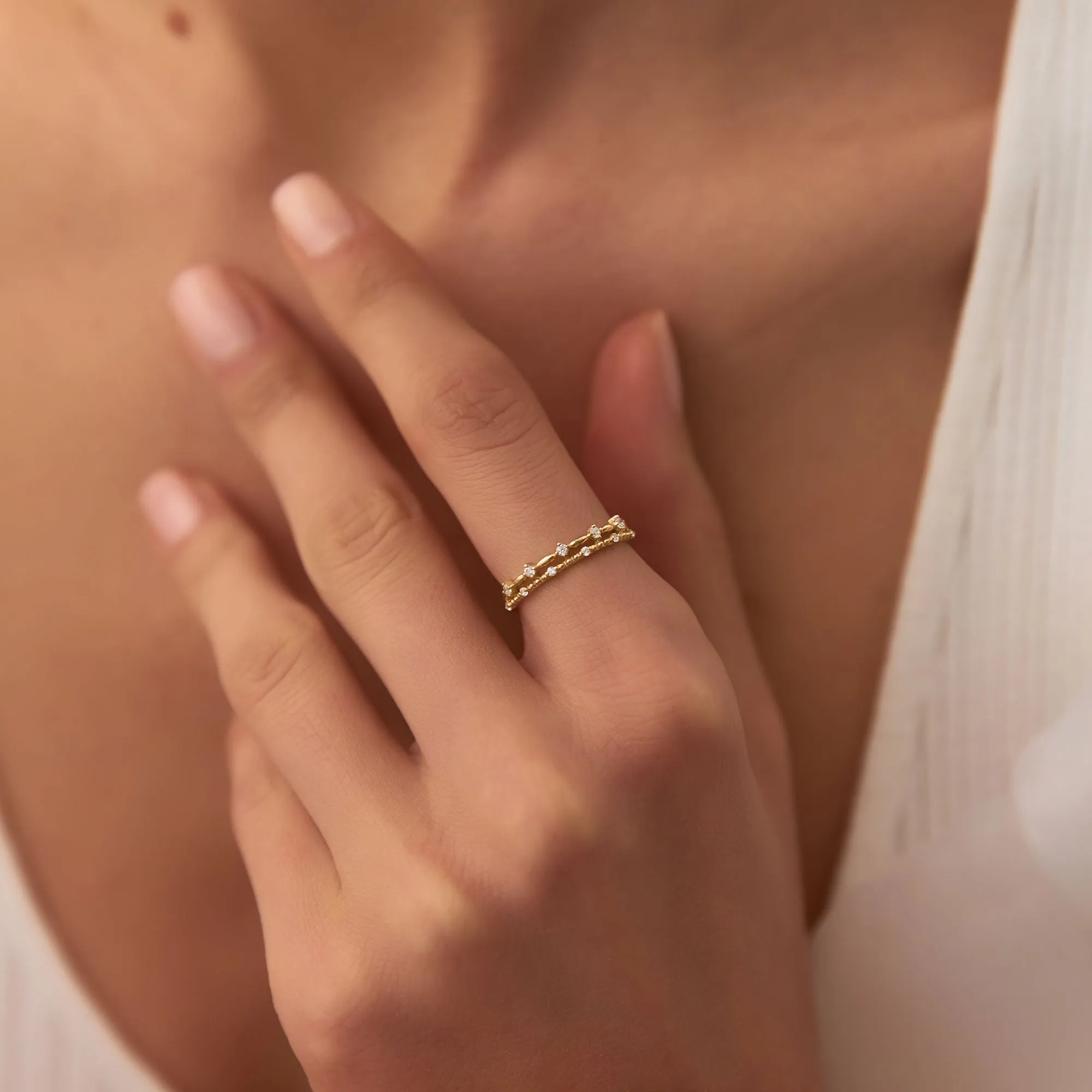 14k Stacked Double Band Diamond Ring