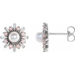 14K White Akoya Pearl, White Opal & 1/6 CTW Diamond Earrings